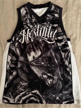 Black & White Graphic Sleeveless Jersey with 'Hostility' Script